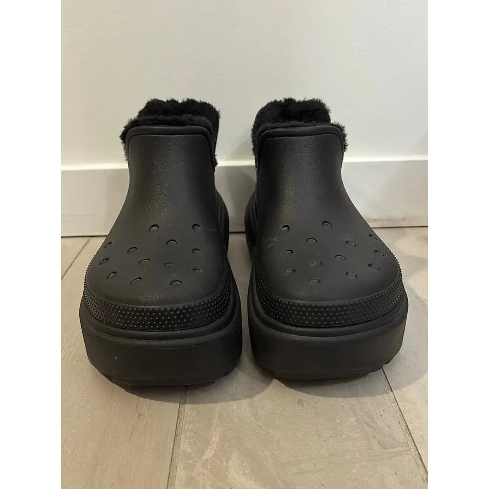 Crocs Boots M9 W11 Black Stomp Shorty Lined Chunky Platform Faux Fur Unisex